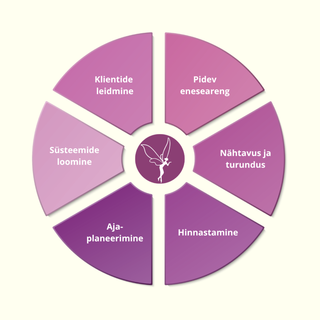 Ringikujuline skeem kuue lilla segmendiga - Klientide leidmine, Pidev eneseareng, Nähtavus ja turundus, Hinnastamine, Ajaplaneerimine, lisatöö ja süsteemide loomine -, mis ümbritseb haldjasümboolikat.