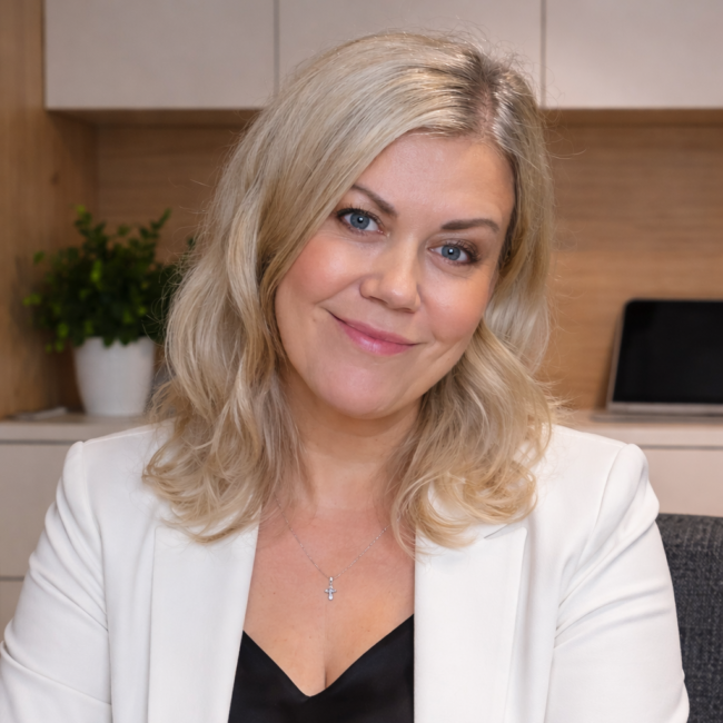 Blondide juustega naine istub kirjutuslaua taga, naeratades kergelt kaamerasse. Tal on seljas valge bleiser üle musta topi - valmis virtuaalassistentide inspiratsioonipäev. Tema tööruumi kaunistavad taim, sülearvuti ja tahvelarvuti.