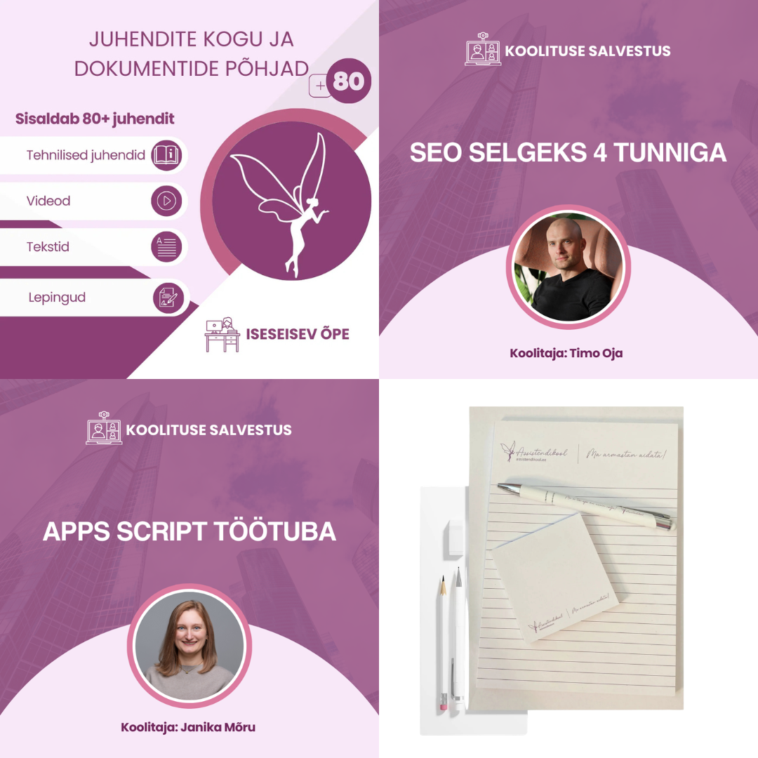 Eestikeelne neljakandiline graafik haridusjuhiste ja kursuste kohta. Paneelidel mainitakse 80+ juhendit, Timo Oja kursust "SEO Selgeks 4 Tunniga", Janika Mõru "Apps Script Töötuba" ja assistendi koolitus töötuba, lisaks pilt märkmikutest ja pliiatsist.